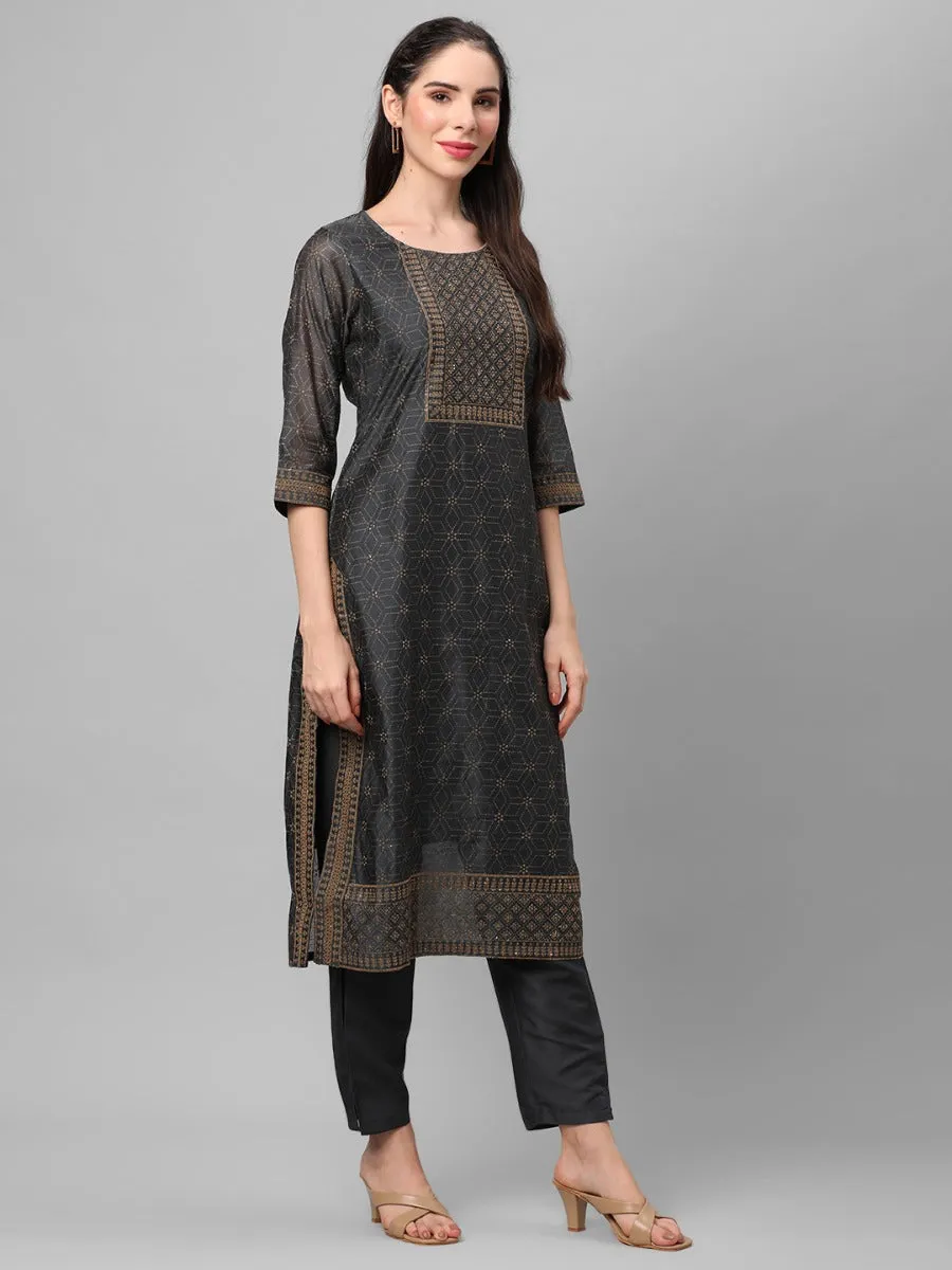 Charcoal Grey Ornamental Printed Kurta With Trouser