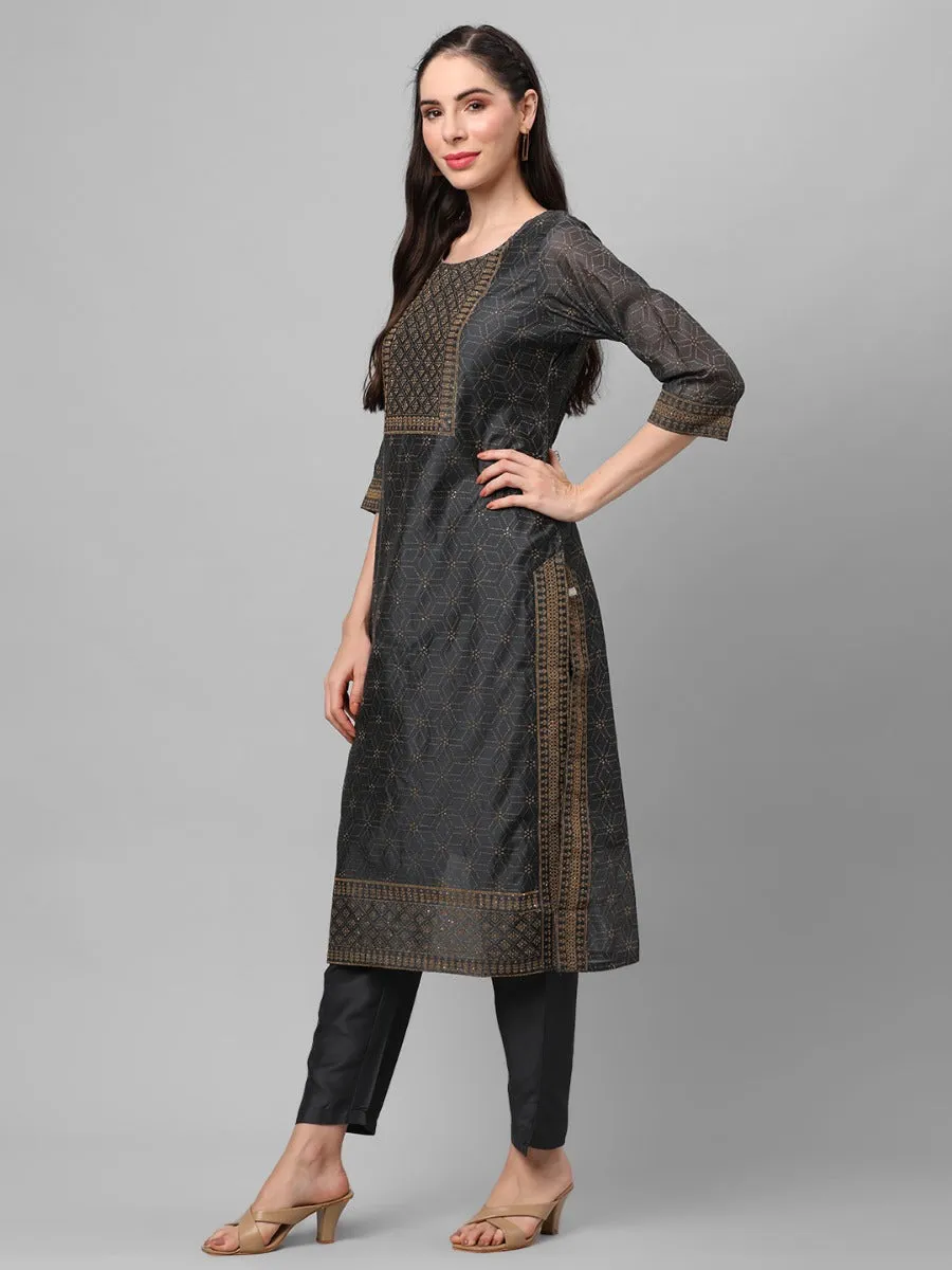 Charcoal Grey Ornamental Printed Kurta With Trouser