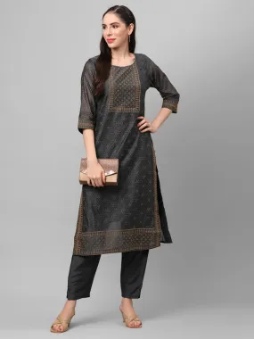 Charcoal Grey Ornamental Printed Kurta With Trouser