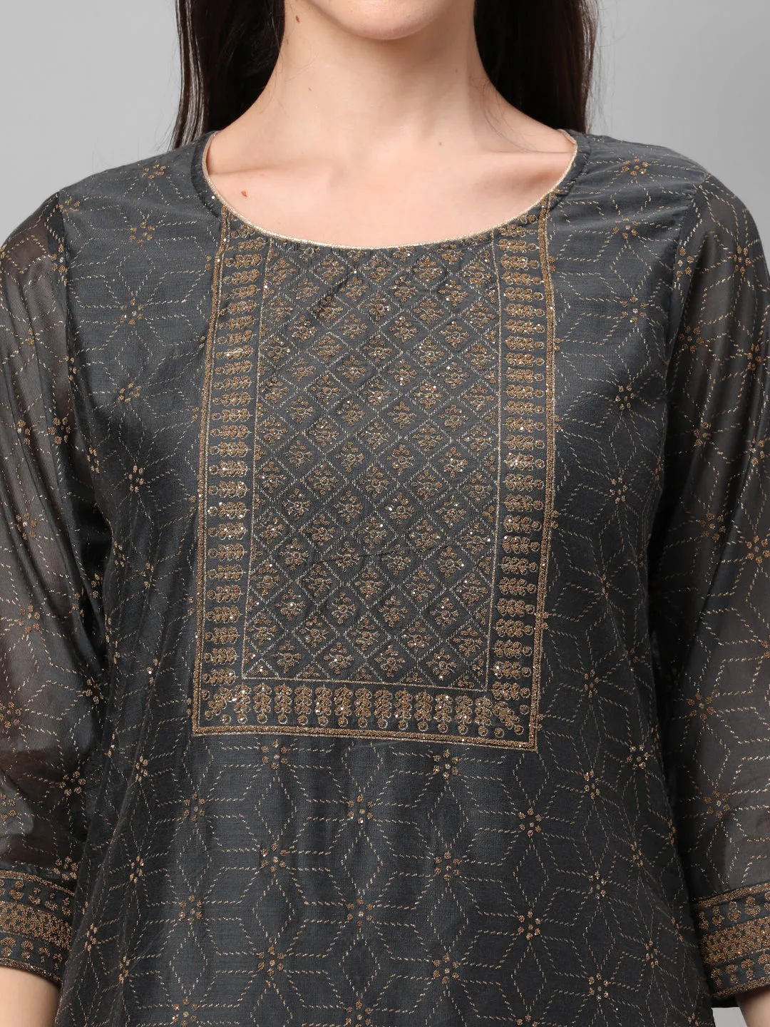 Charcoal Grey Ornamental Printed Kurta With Trouser