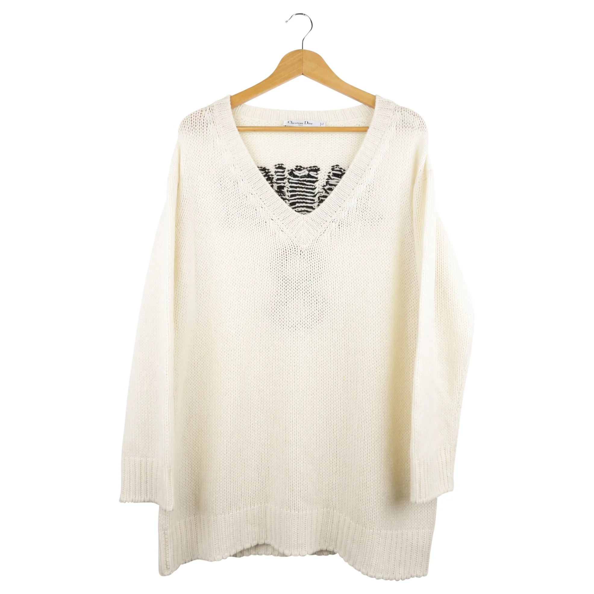 Christian Dior Cream and Black J'adior 8 Graphic Knit Cashmere V-Neck Oversized Sweater - 34 FR / 2 USA