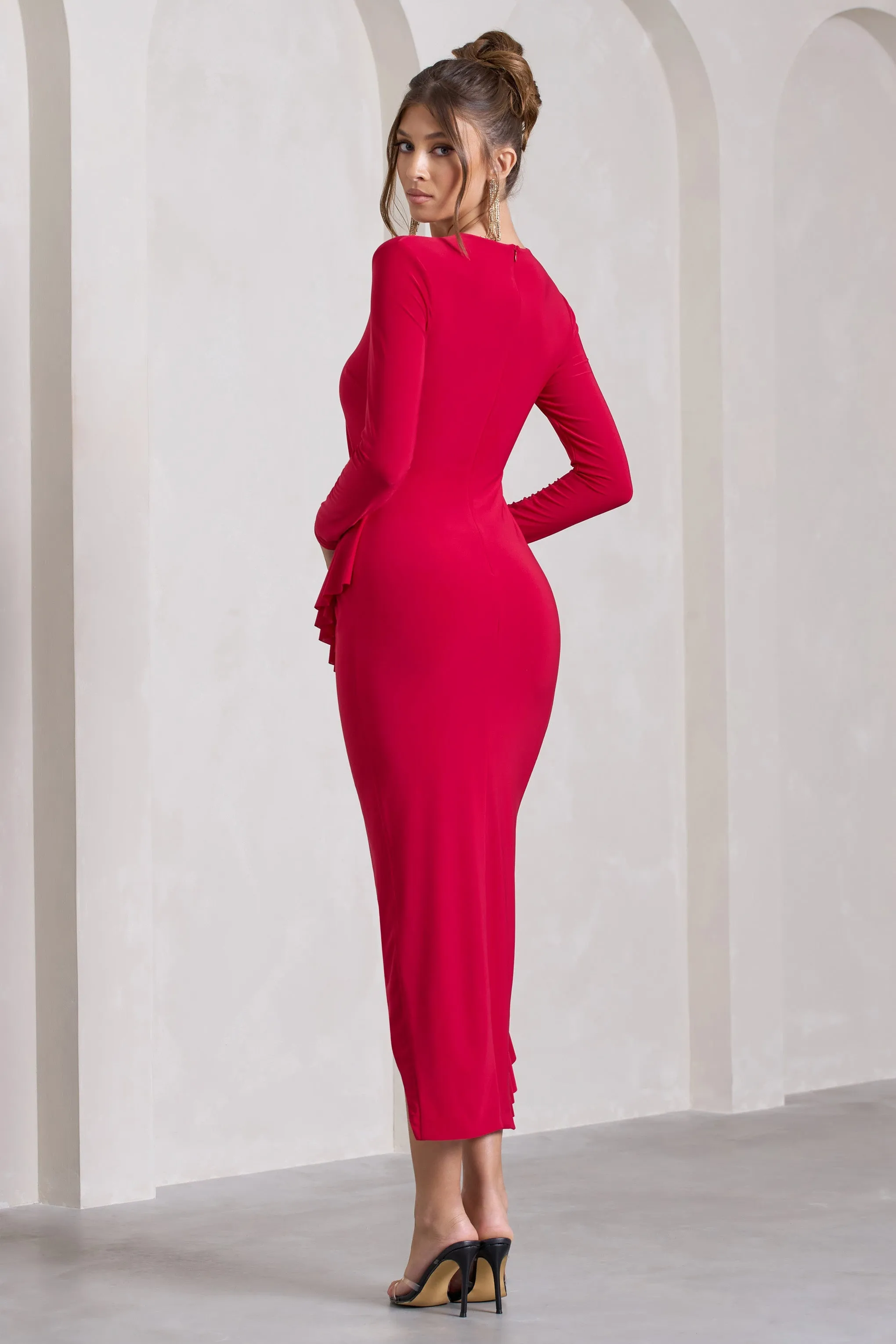 Dolce Vita | Red Long-Sleeve Ruffle Asymmetric Split Midi Dress