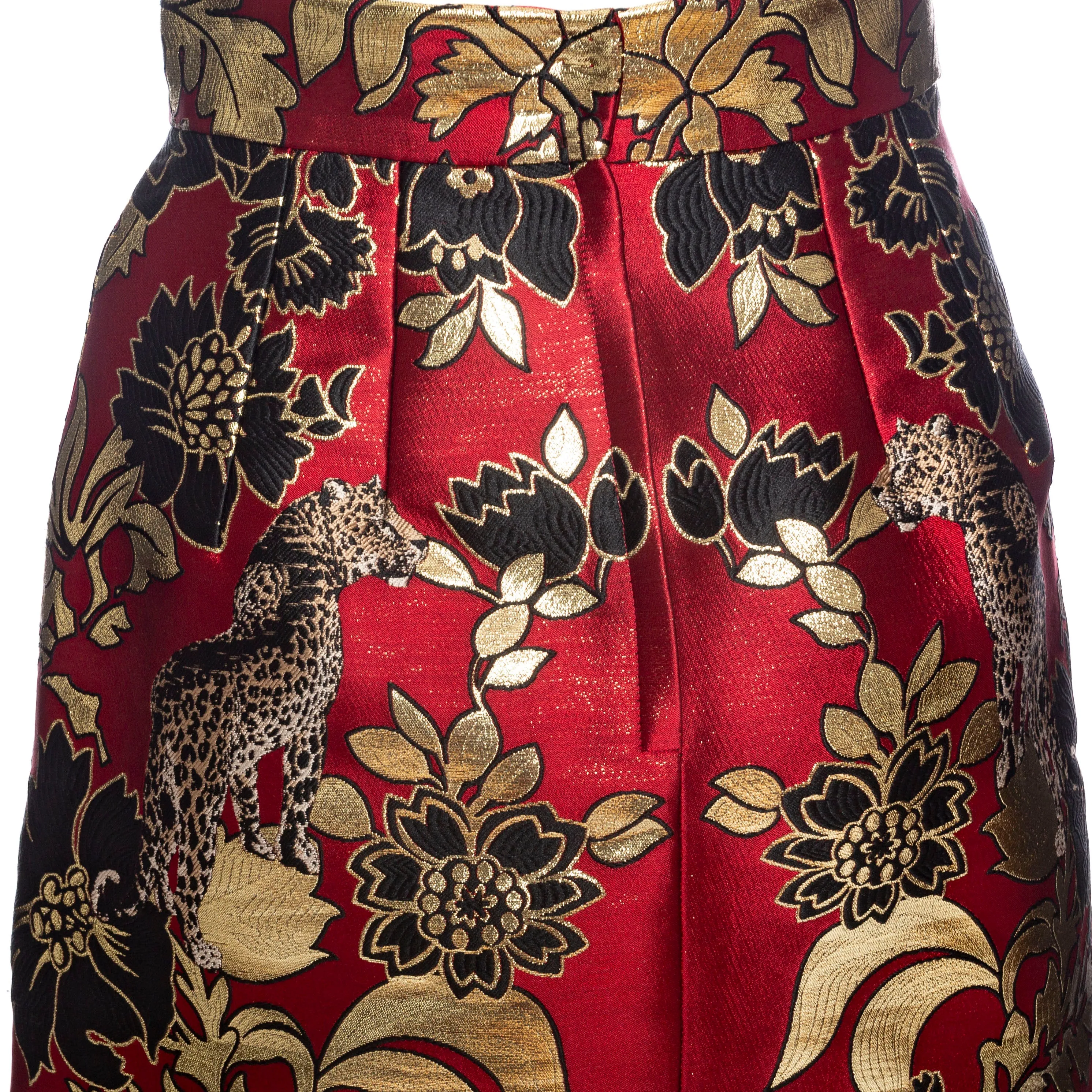 Gold and Red Leopard Motif Jacquard Jacket and Skirt Set