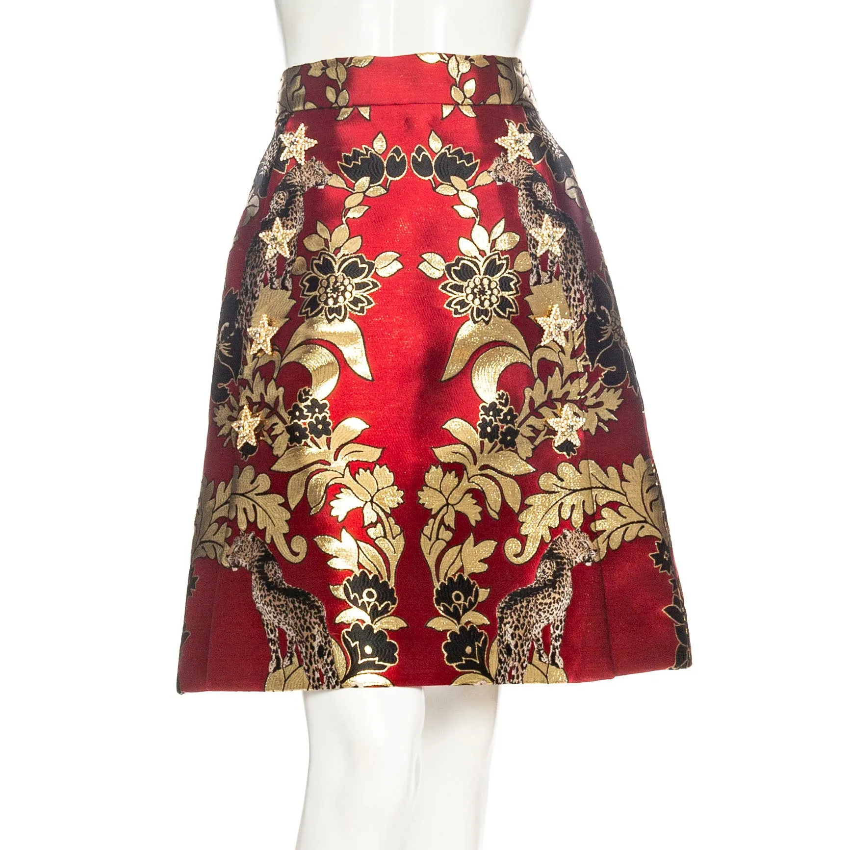 Gold and Red Leopard Motif Jacquard Jacket and Skirt Set