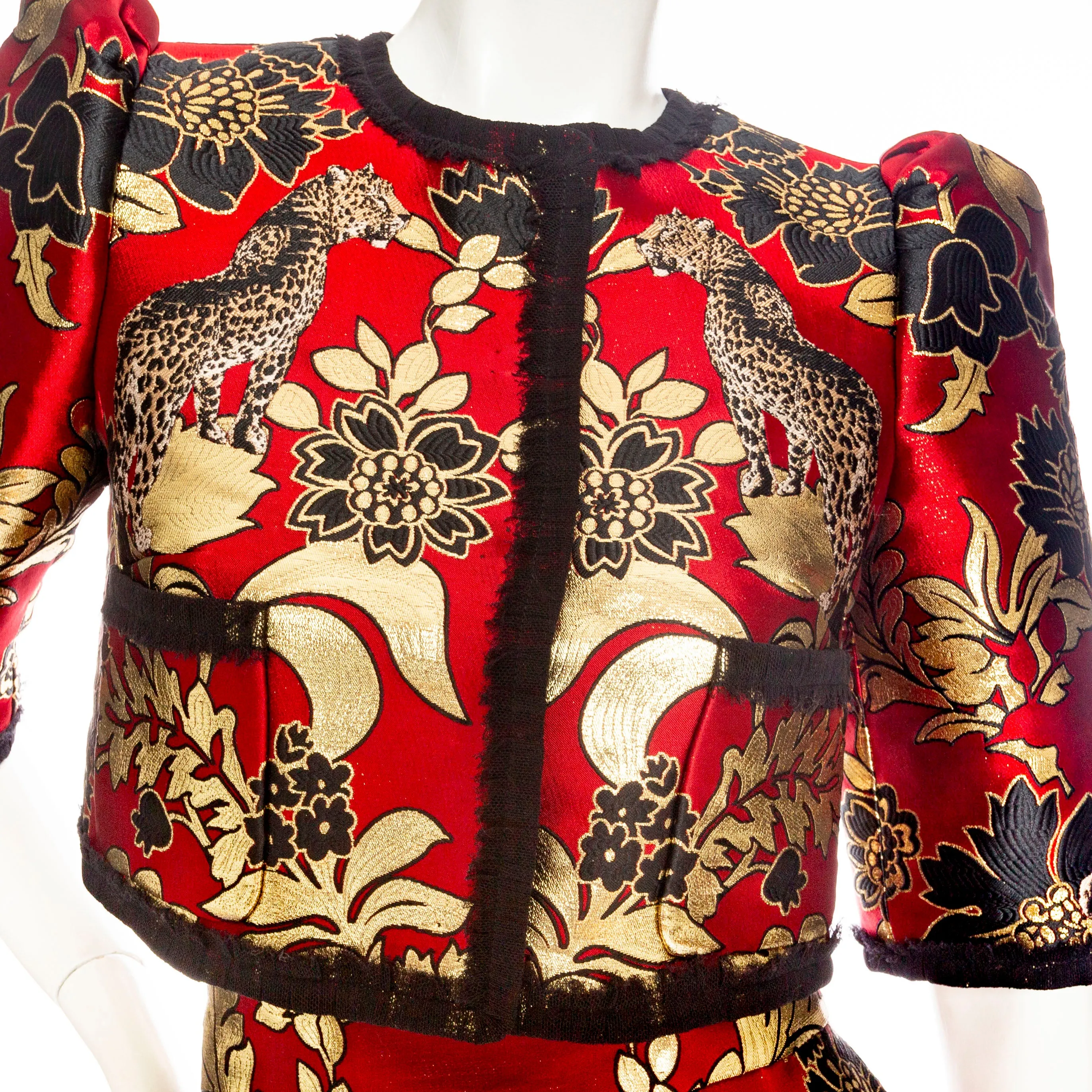 Gold and Red Leopard Motif Jacquard Jacket and Skirt Set