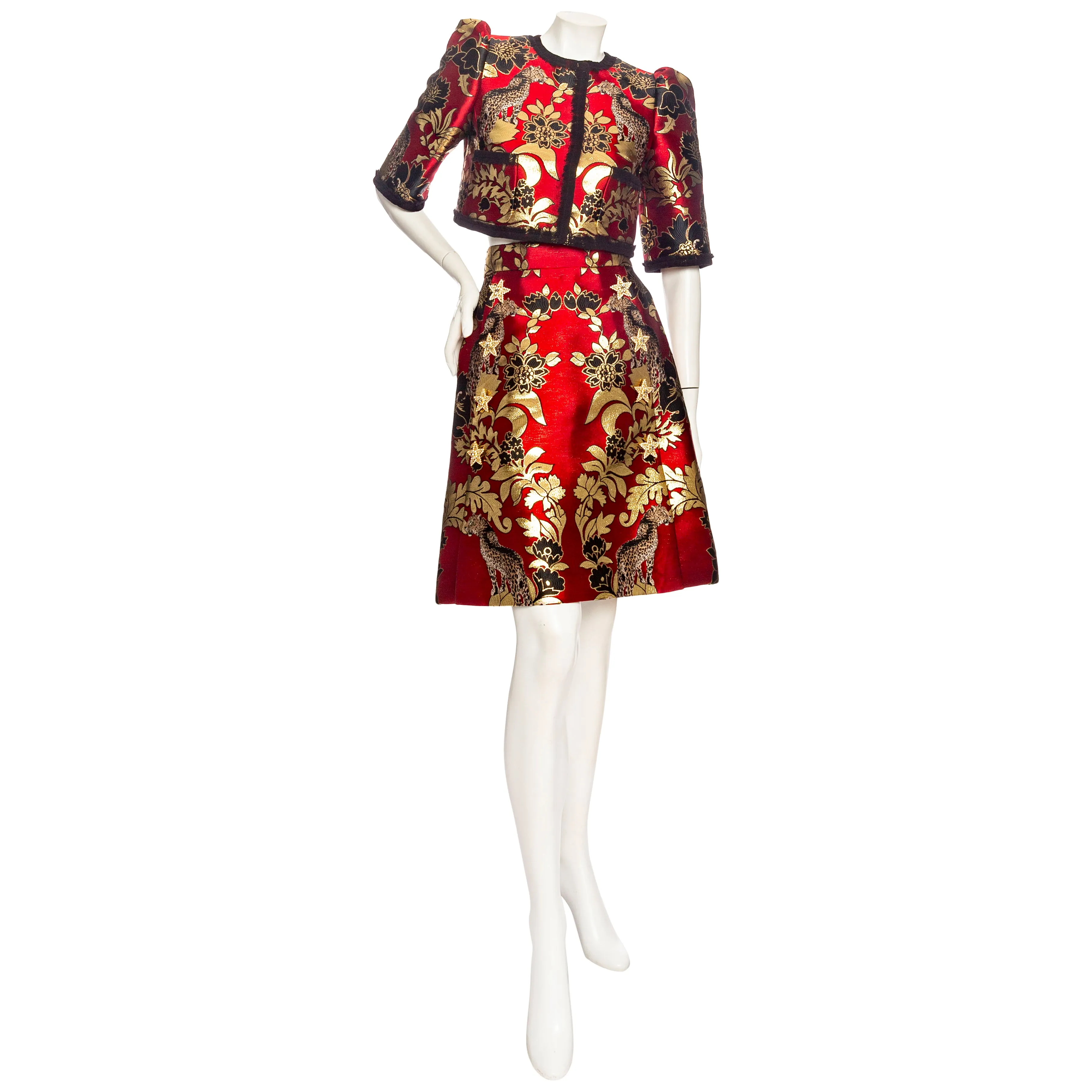 Gold and Red Leopard Motif Jacquard Jacket and Skirt Set