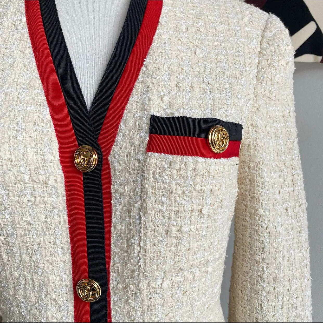 Gucci Ivory Tweed / Red and Black Ribbon Trim Dress - IT38 / 2