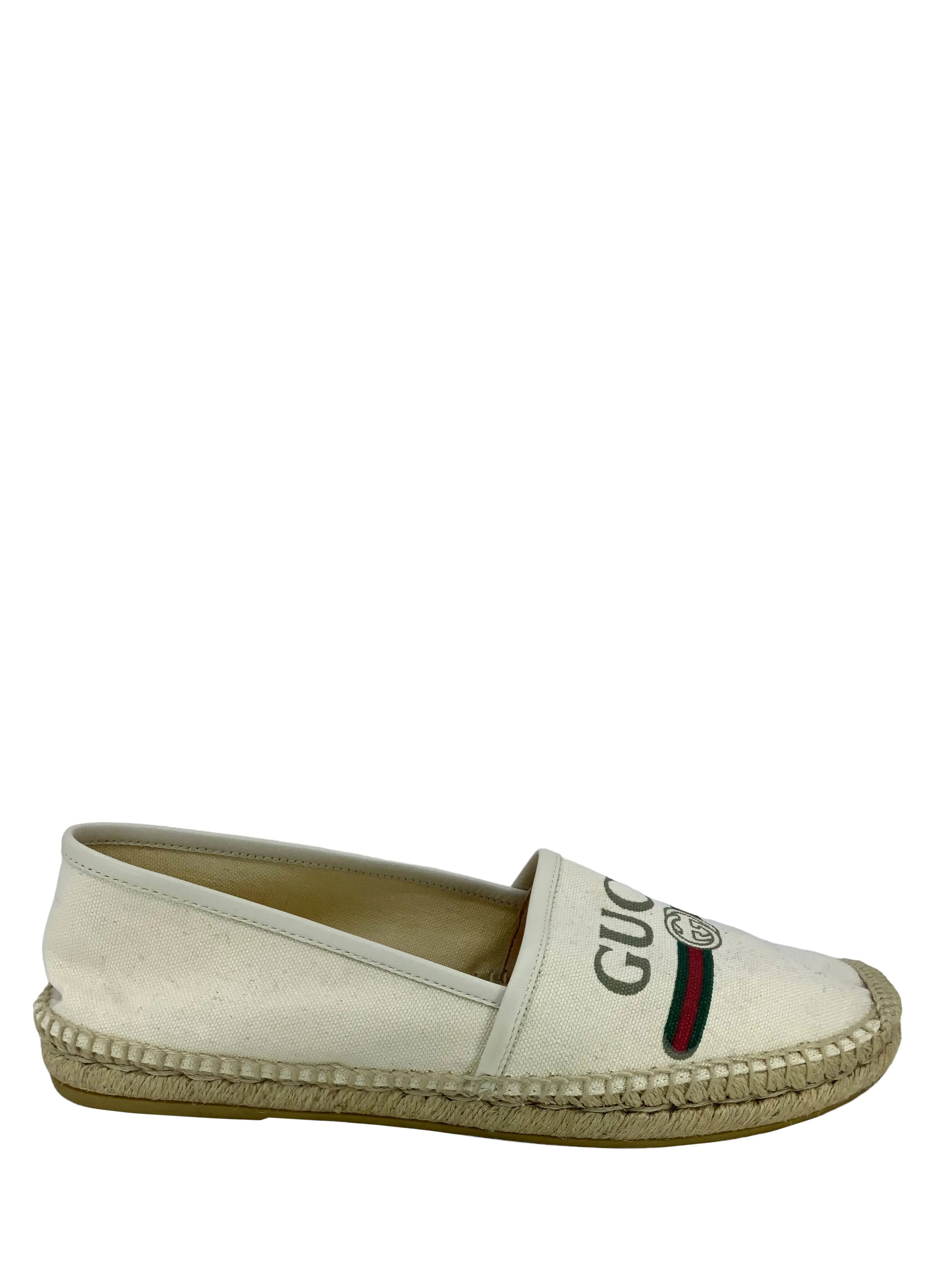 GUCCI Printed Logo Canvas Espadrille Flats Size 10