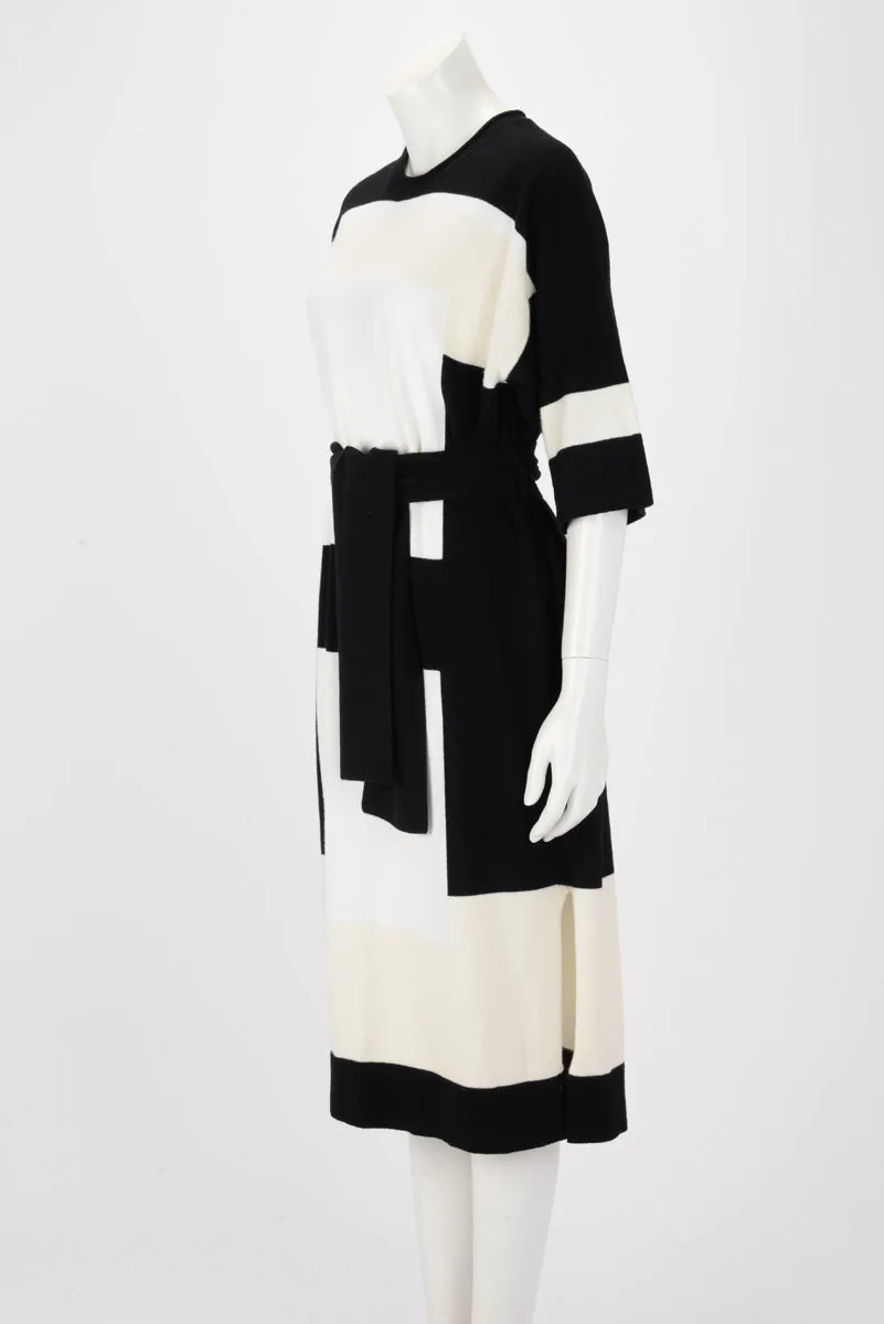 Hermes Black & White Cashmere Belted Midi Dress FR 38