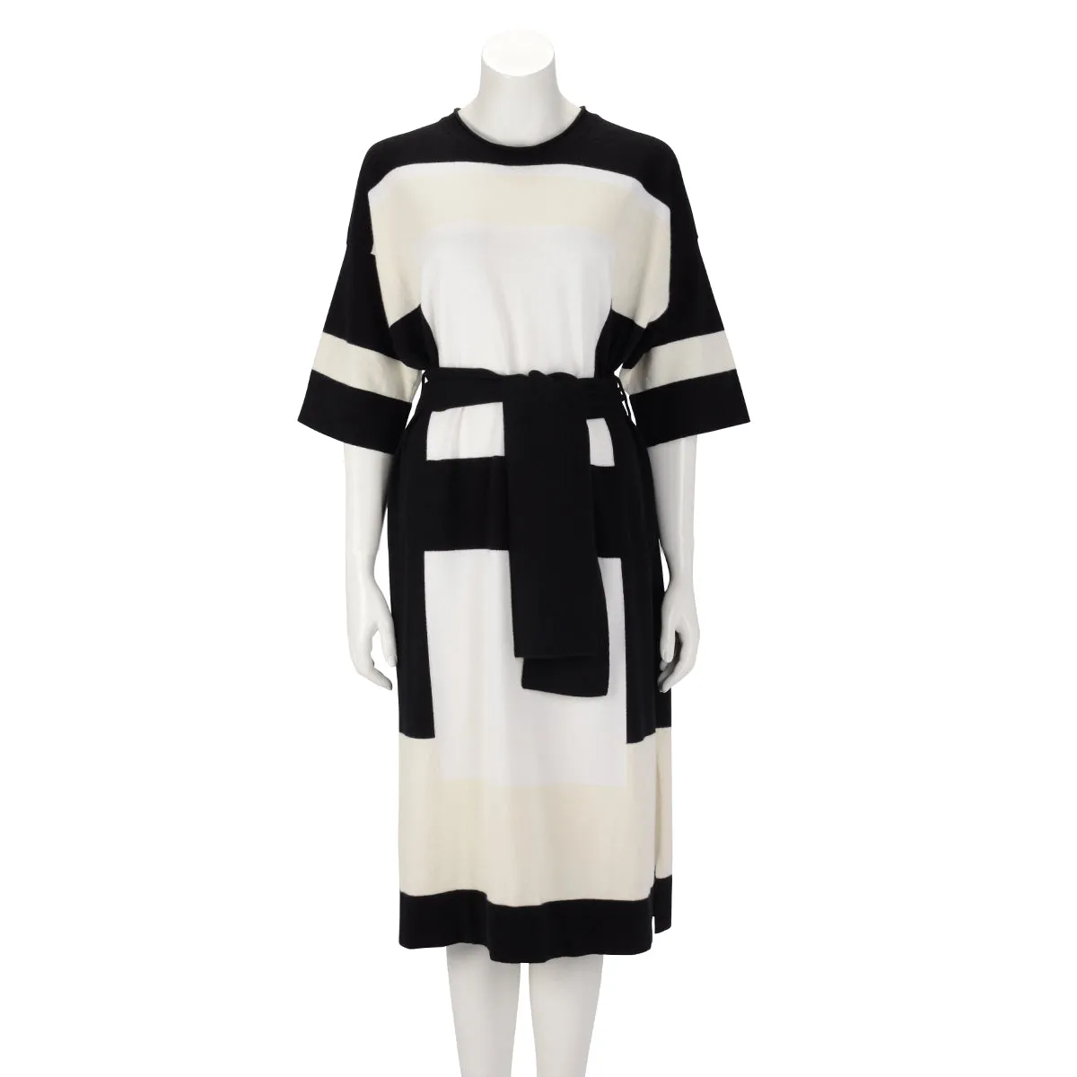 Hermes Black & White Cashmere Belted Midi Dress FR 38