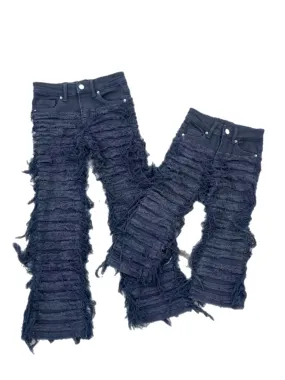 Kids black shreeded stack Denim