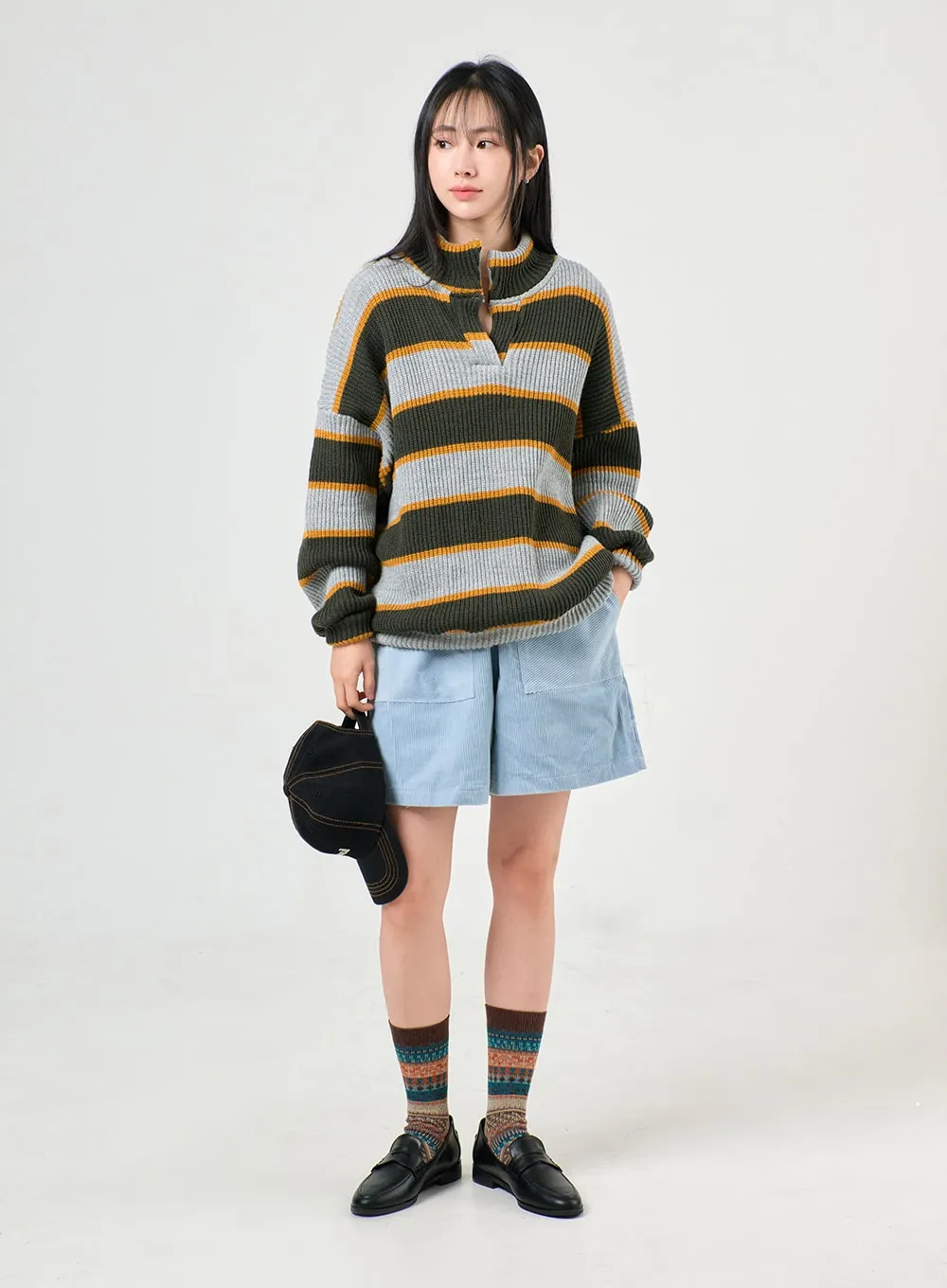 Knit High Neck Striped Button Long Sleeve Top OF405