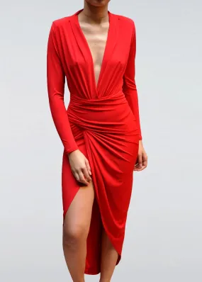 Elegant Red Long Sleeve Wrap Front Maxi Dress