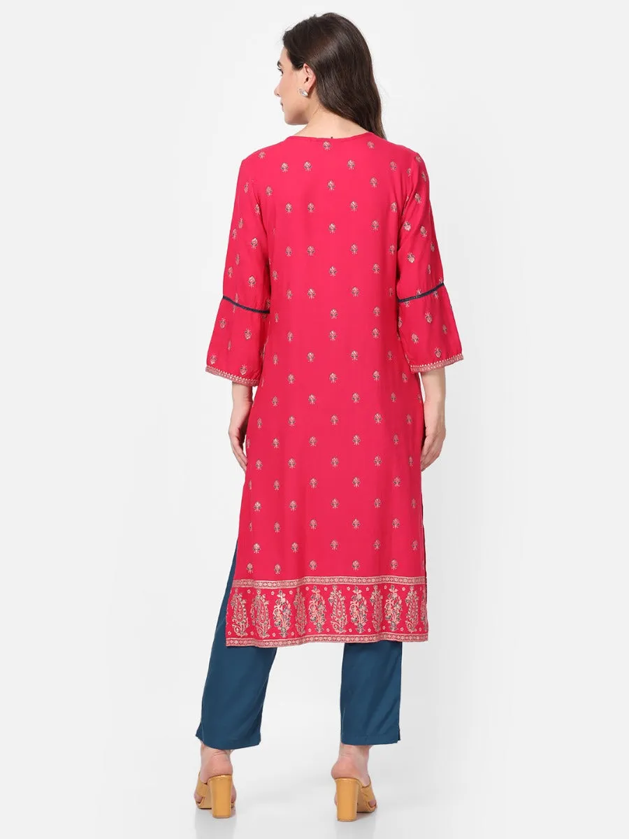 Magenta Ornamental Printed Kurta With Trouser