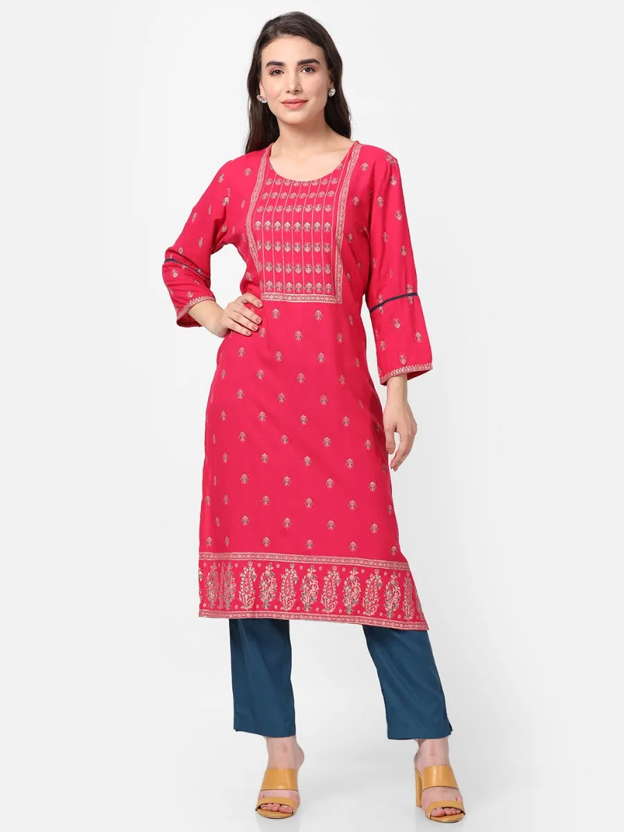 Magenta Ornamental Printed Kurta With Trouser