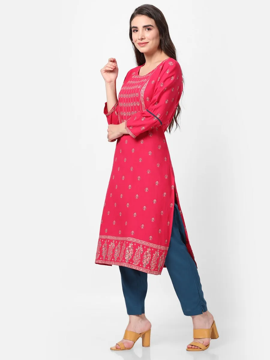 Magenta Ornamental Printed Kurta With Trouser