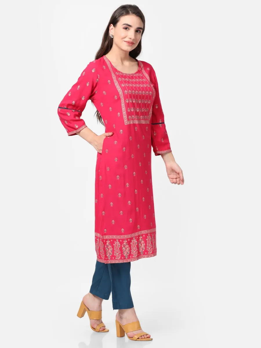 Magenta Ornamental Printed Kurta With Trouser