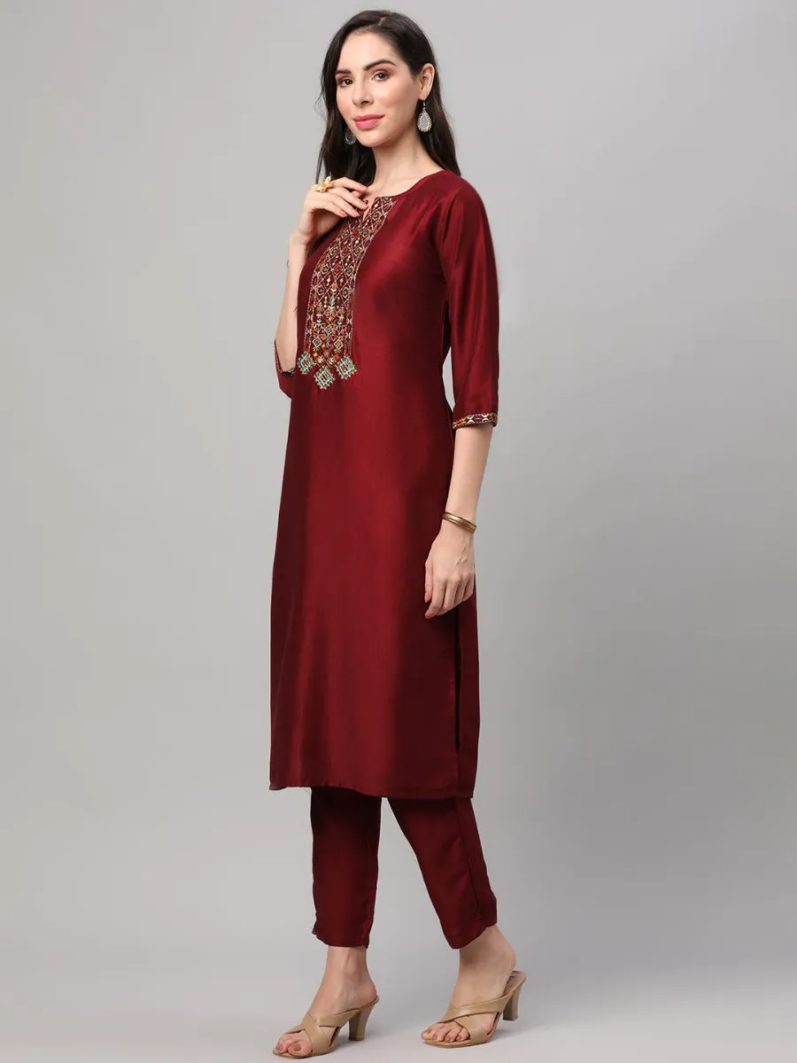 Maroon Embroidered Kurta Trouser Dupatta