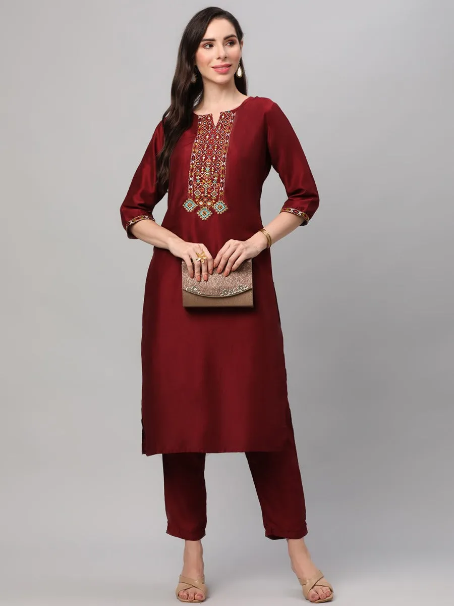 Maroon Embroidered Kurta Trouser Dupatta