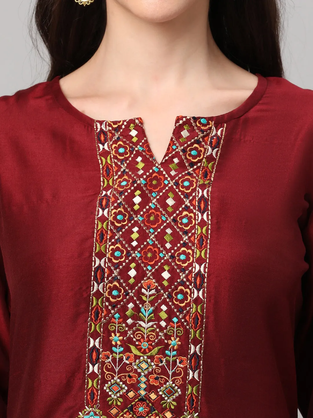 Maroon Embroidered Kurta Trouser Dupatta