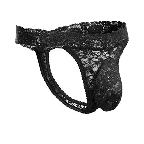 Men's Lace Frilly Sissy Thong Panties Sheer Mesh Bikini Briefs T-back G-string Underwear Black X-Large