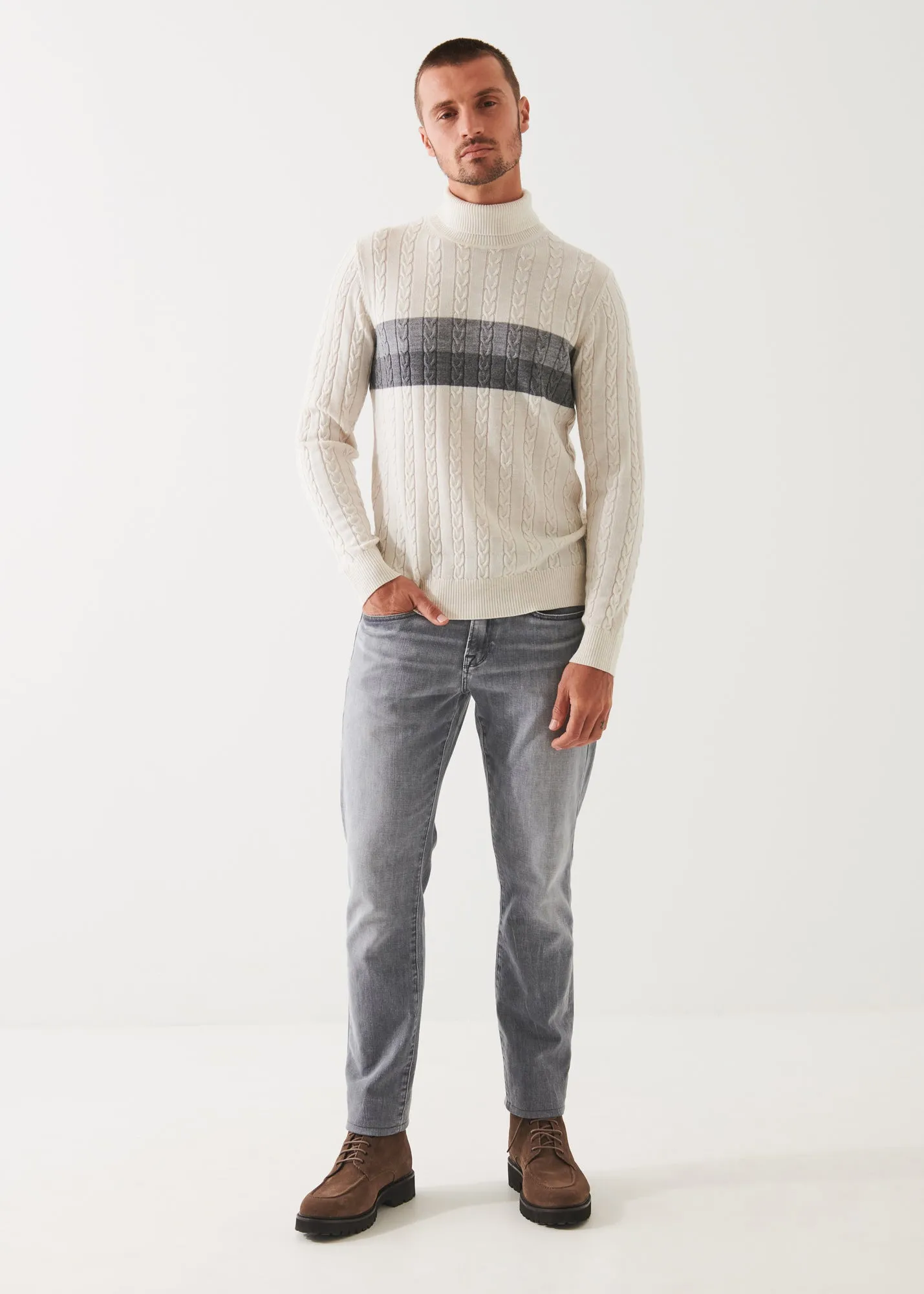 MERINO STRIPED CABLE KNIT TURTLENECK