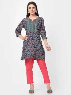 Navy Floral Printed Kurta