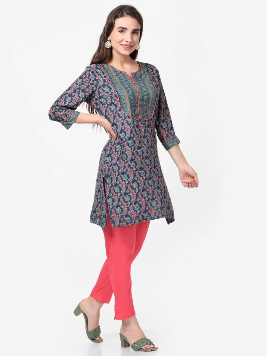 Navy Floral Printed Kurta