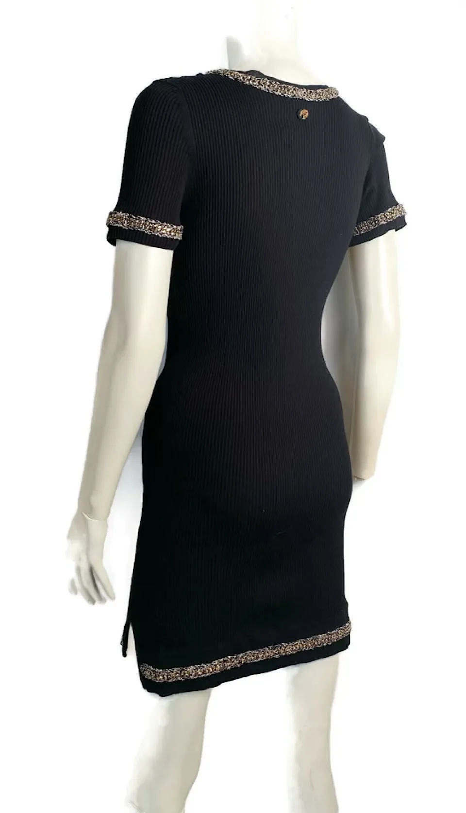 NWT Chanel 10P, 2010 Spring black gold trim chain dress FR 38