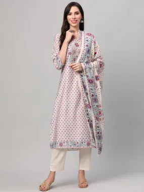 Off White Floral Print Kurta Trouser Dupatta