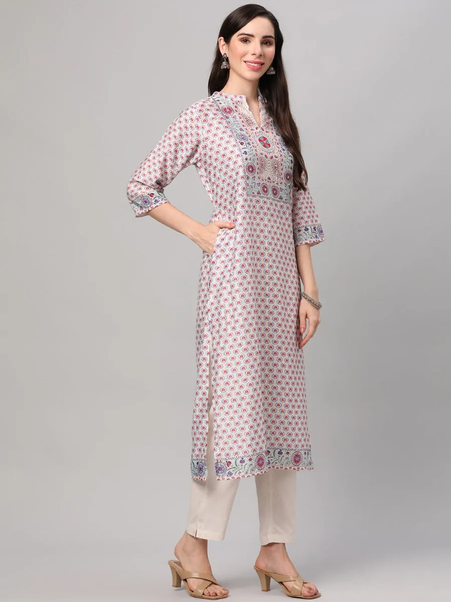 Off White Floral Print Kurta Trouser Dupatta