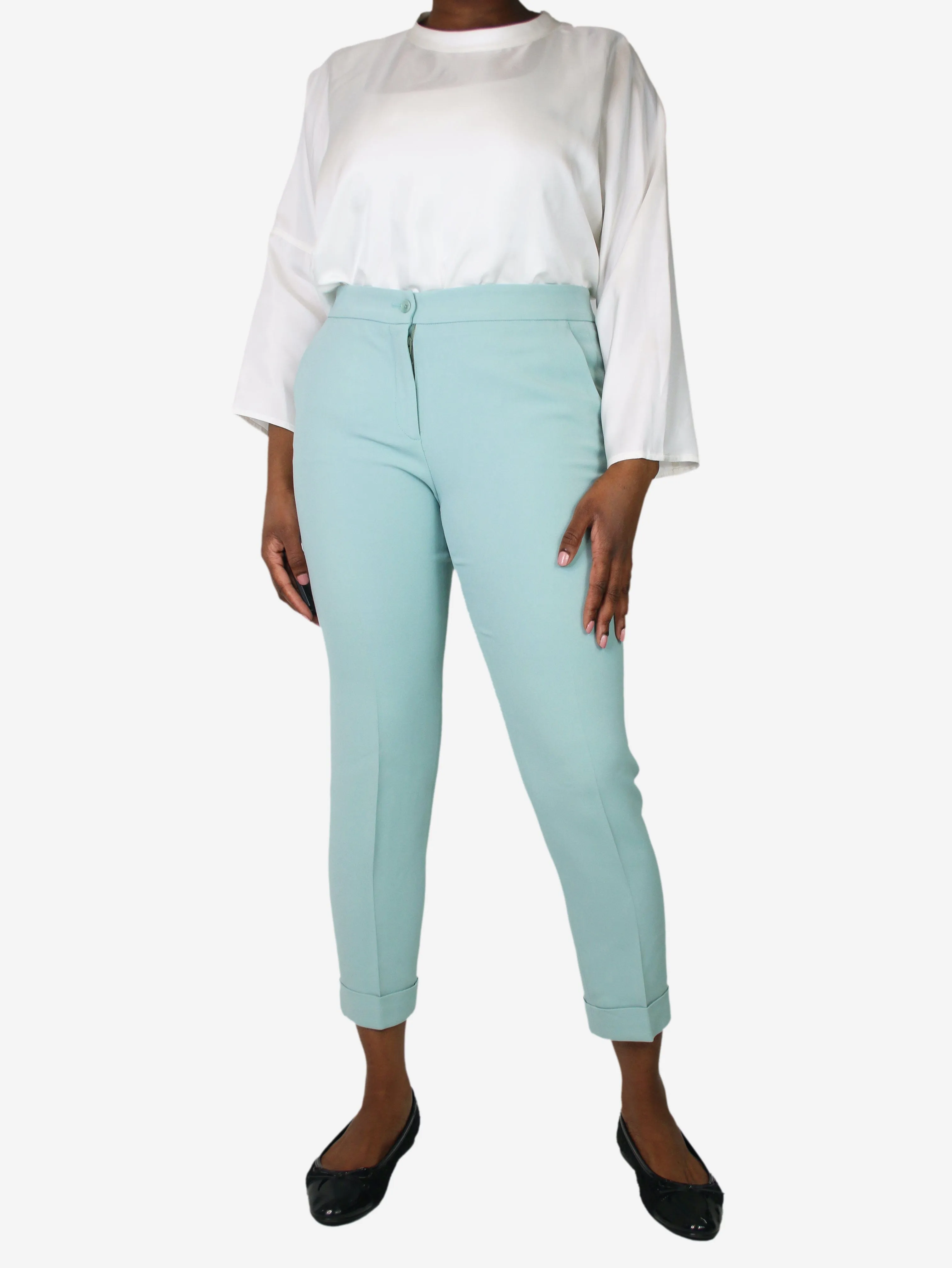 Pale turquoise cropped pocket trousers - size UK 12