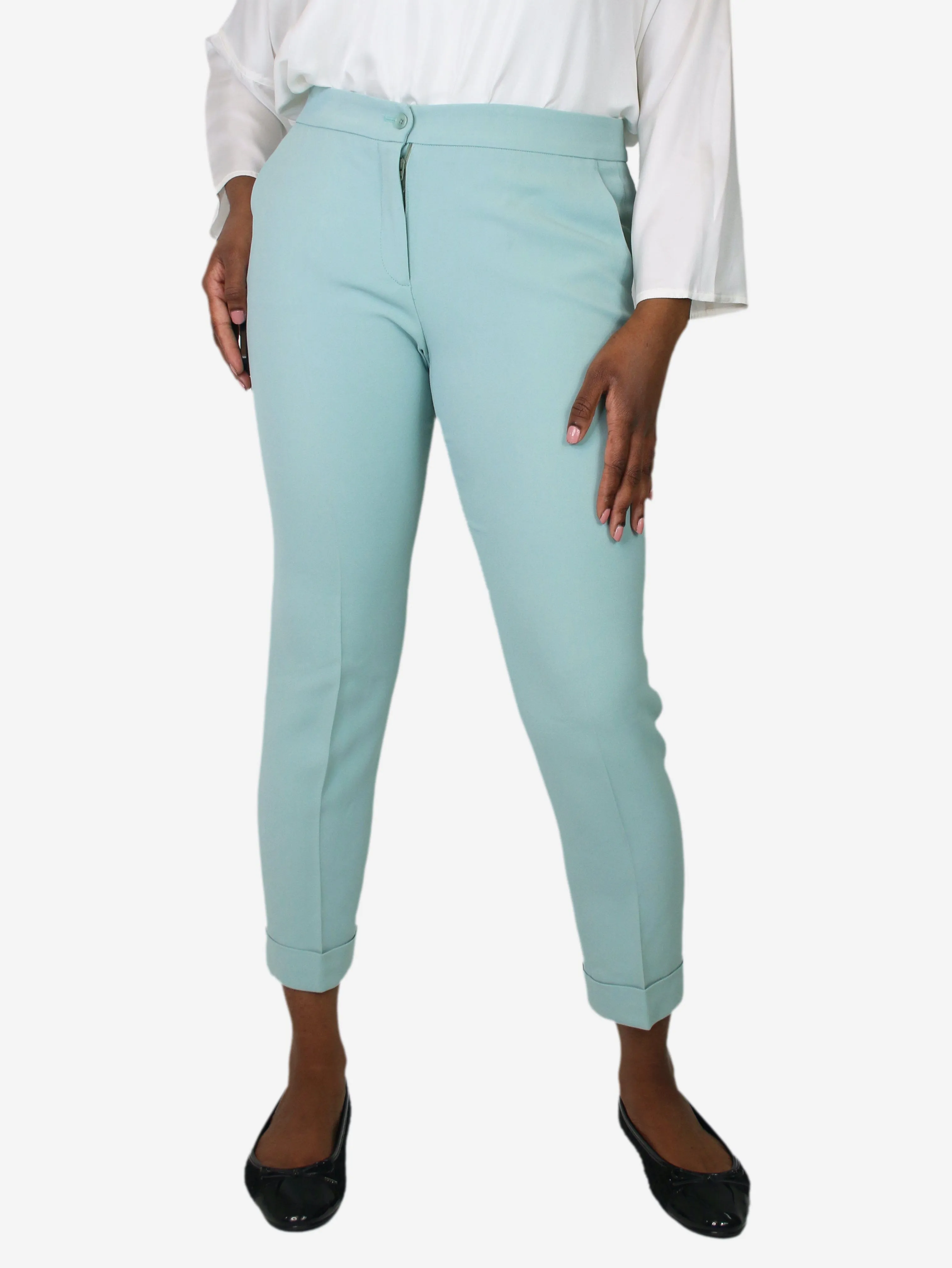 Pale turquoise cropped pocket trousers - size UK 12