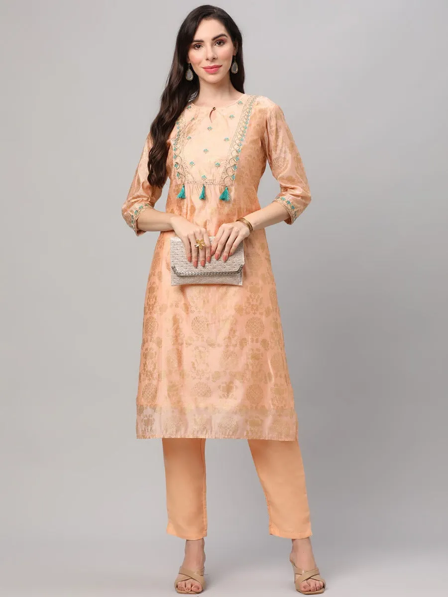 Peach Floral Printed Kurta Trouser Dupatta