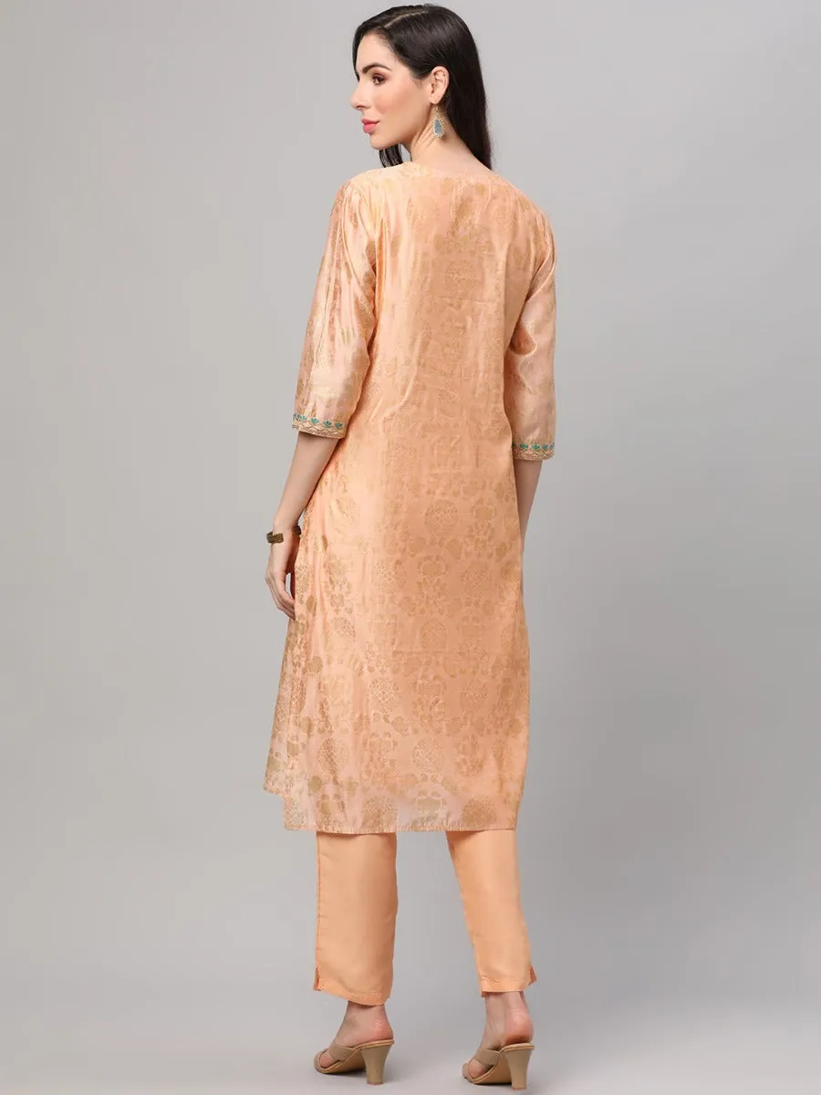 Peach Floral Printed Kurta Trouser Dupatta