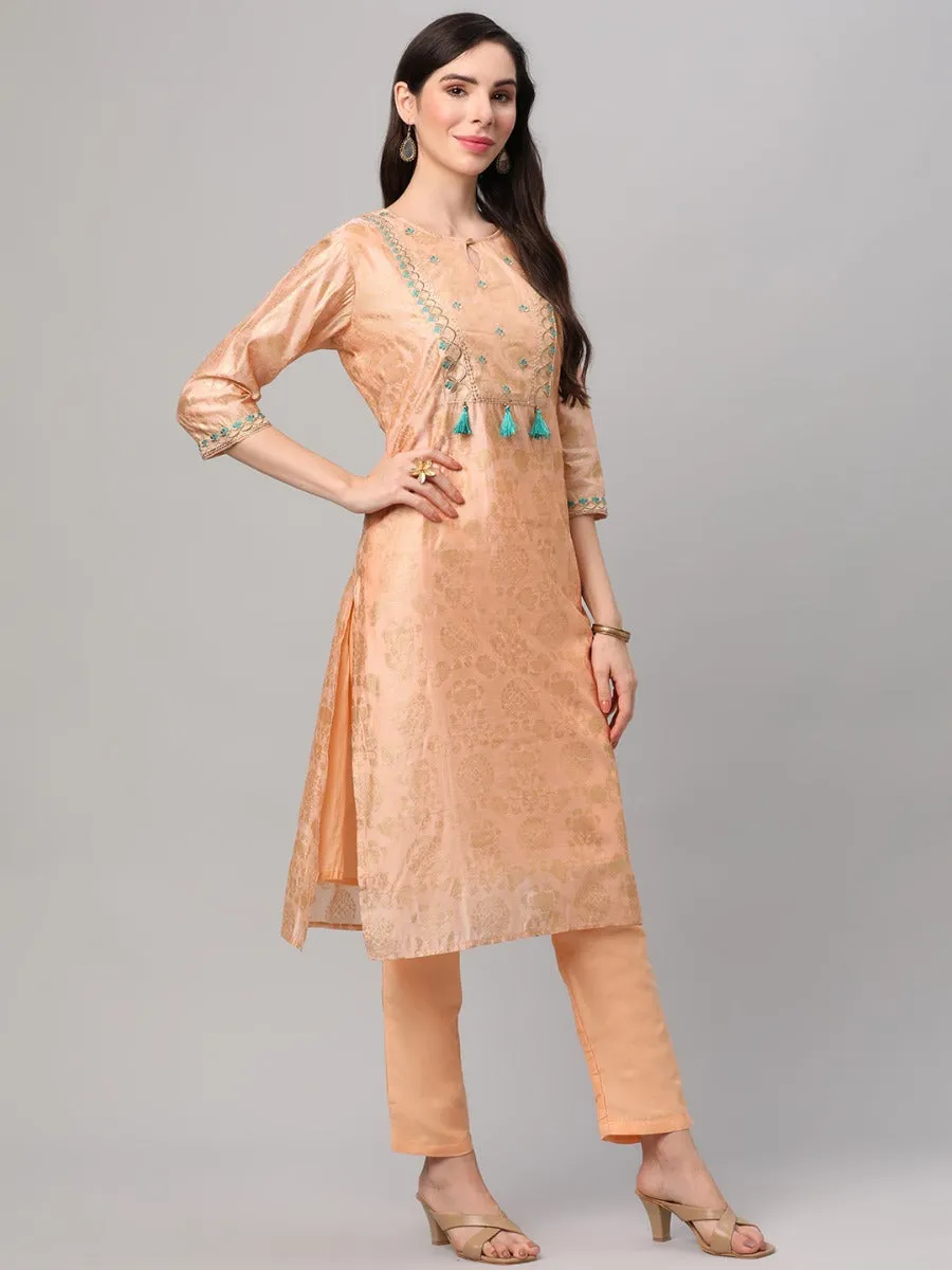 Peach Floral Printed Kurta Trouser Dupatta