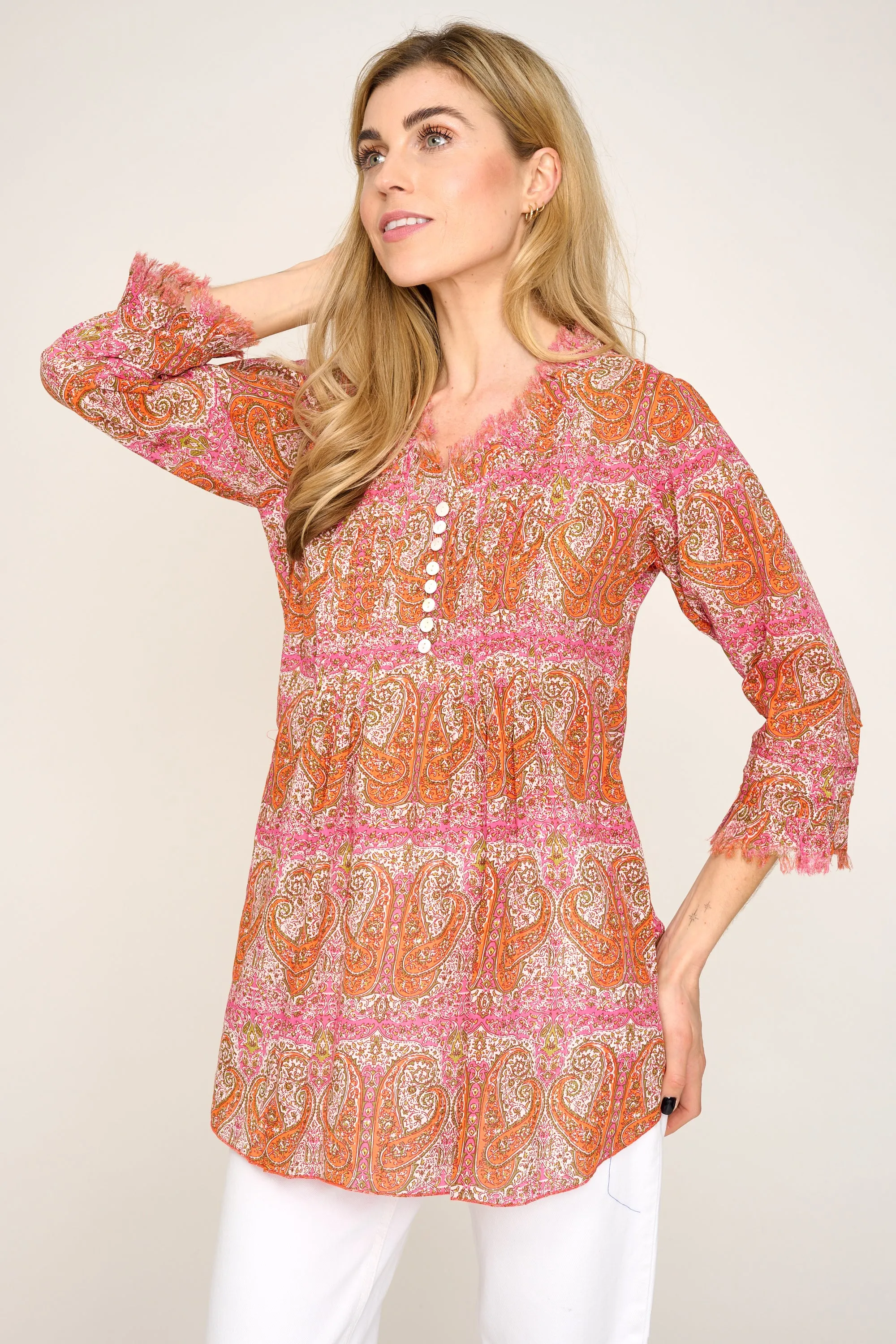 Sophie Cotton Shirt in Pink & Ochre Paisley