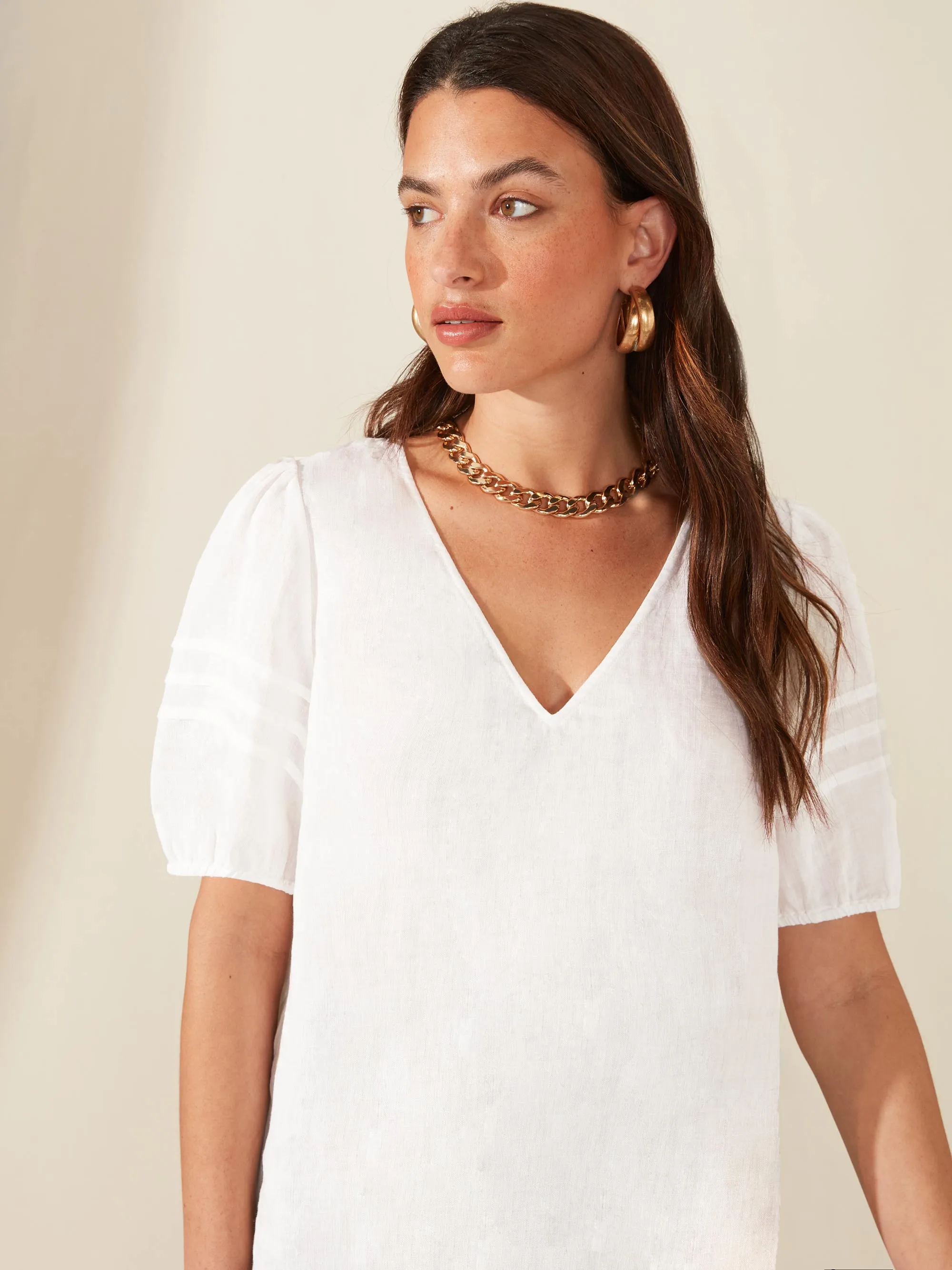 White Linen Pintuck Detail Top