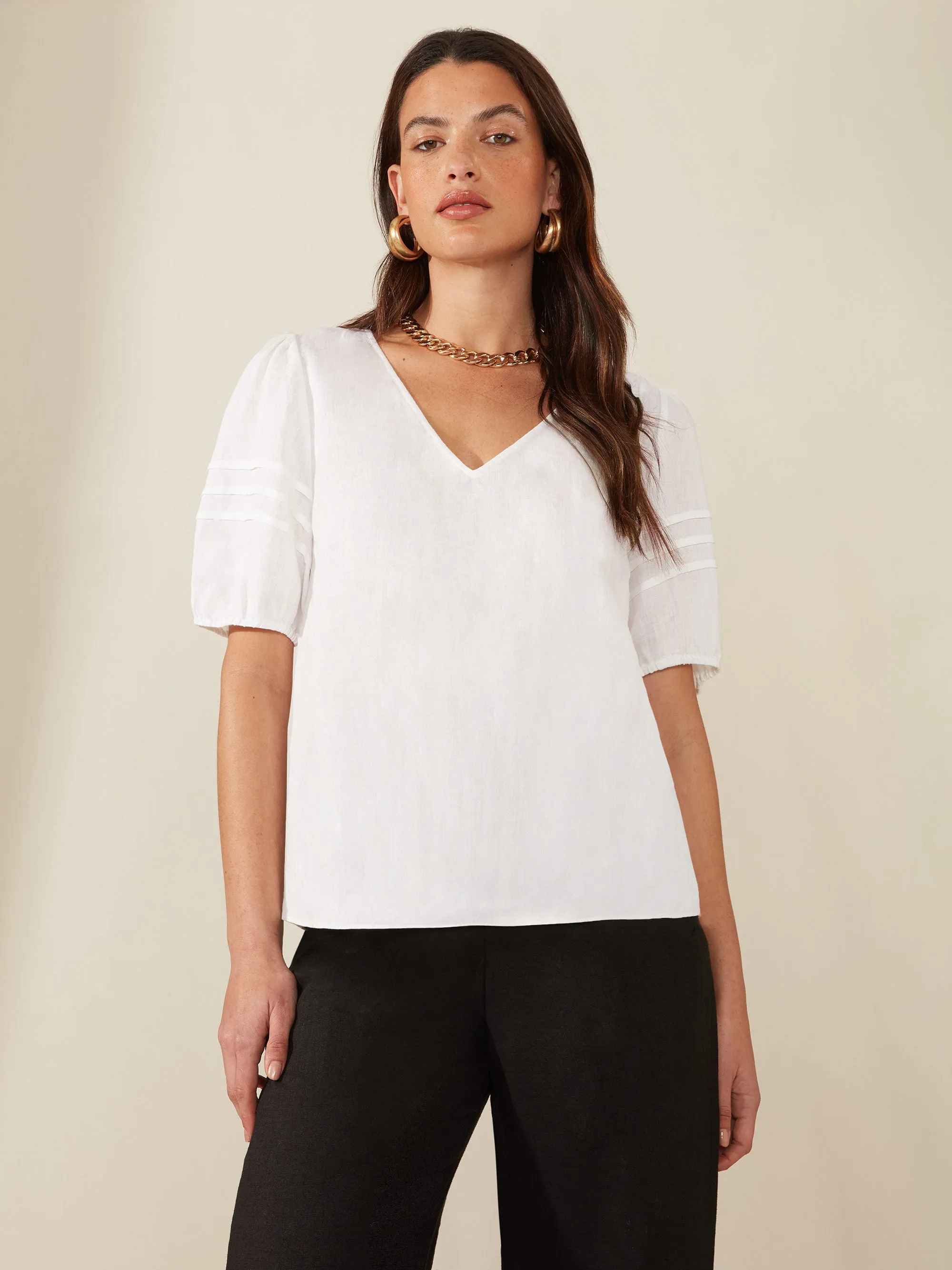 White Linen Pintuck Detail Top