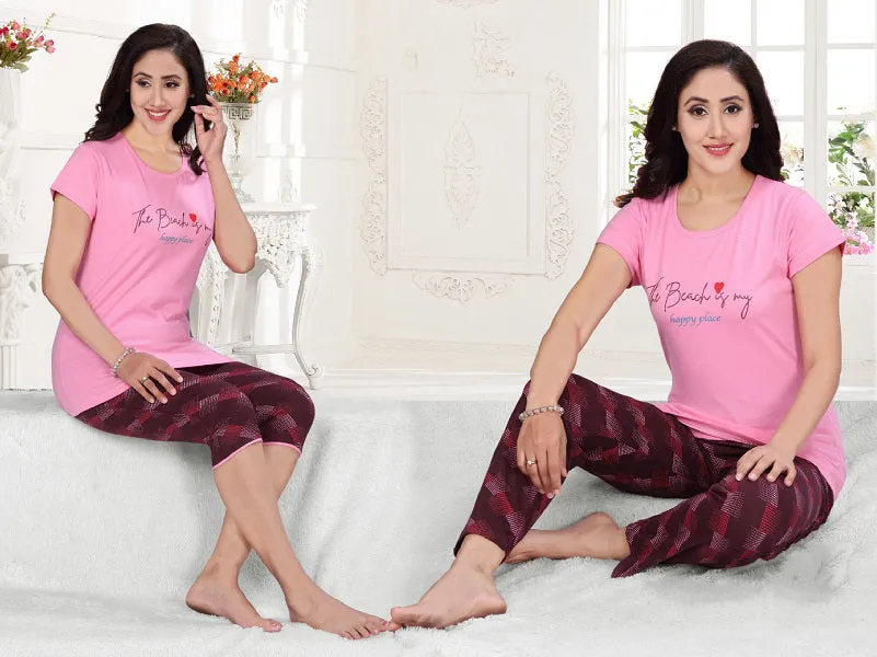 Women's Pink Blush Top With 3/4th Pant & Full Pant Nightwear 3 pieces Set