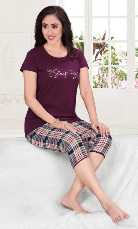 Women's Purple Blush Cotton Top With 3/4th Pant & Full Pant Nightwear 3 pieces Set