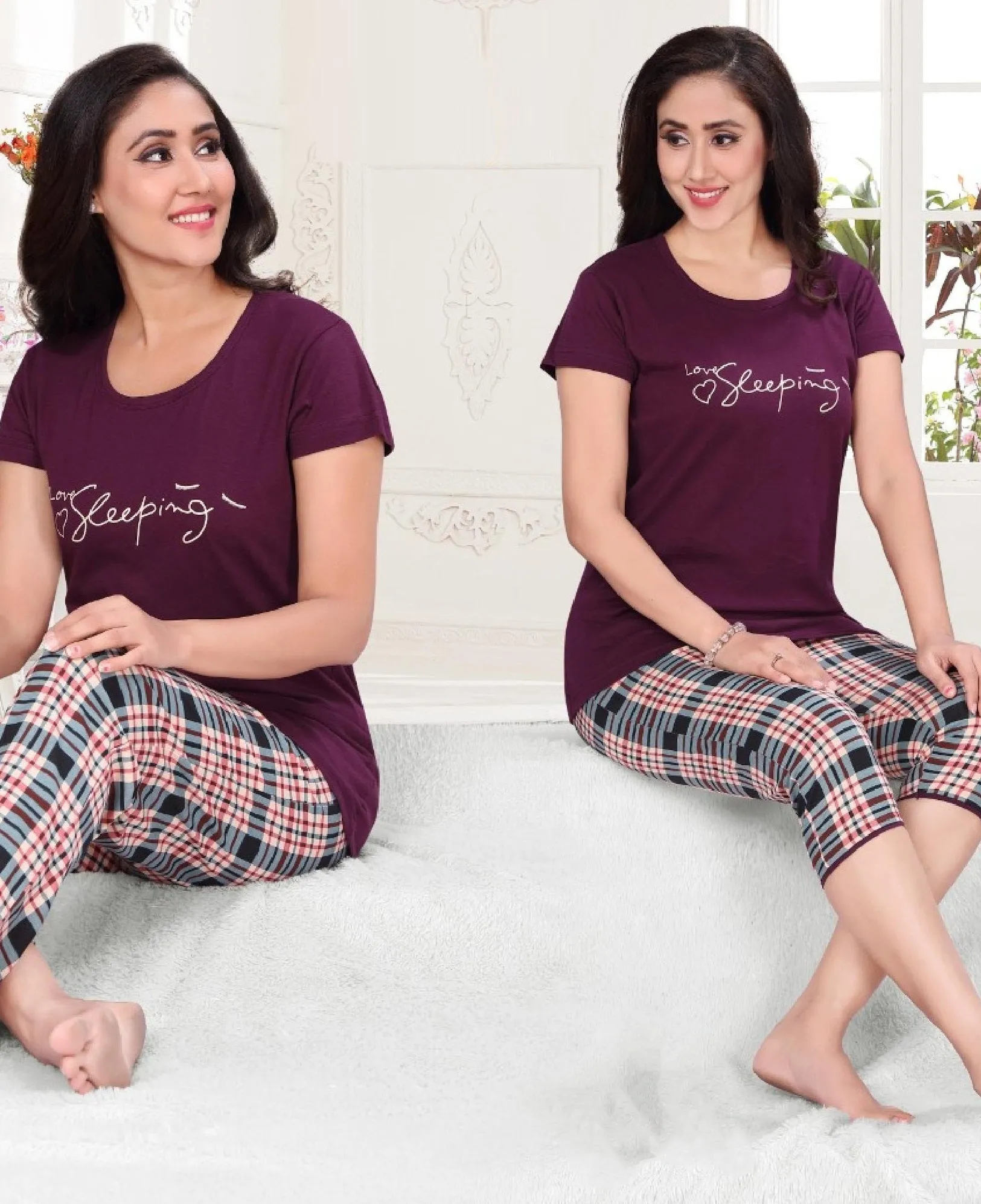 Women's Purple Blush Cotton Top With 3/4th Pant & Full Pant Nightwear 3 pieces Set