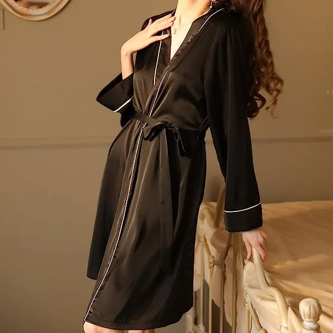 Women's Satin Robe Sexy Long Sleeves Kimono Valentines Lingerie for Women Solid Silk Bridesmaids Bathrobe