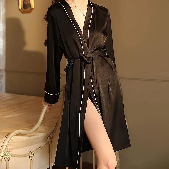 Women's Satin Robe Sexy Long Sleeves Kimono Valentines Lingerie for Women Solid Silk Bridesmaids Bathrobe